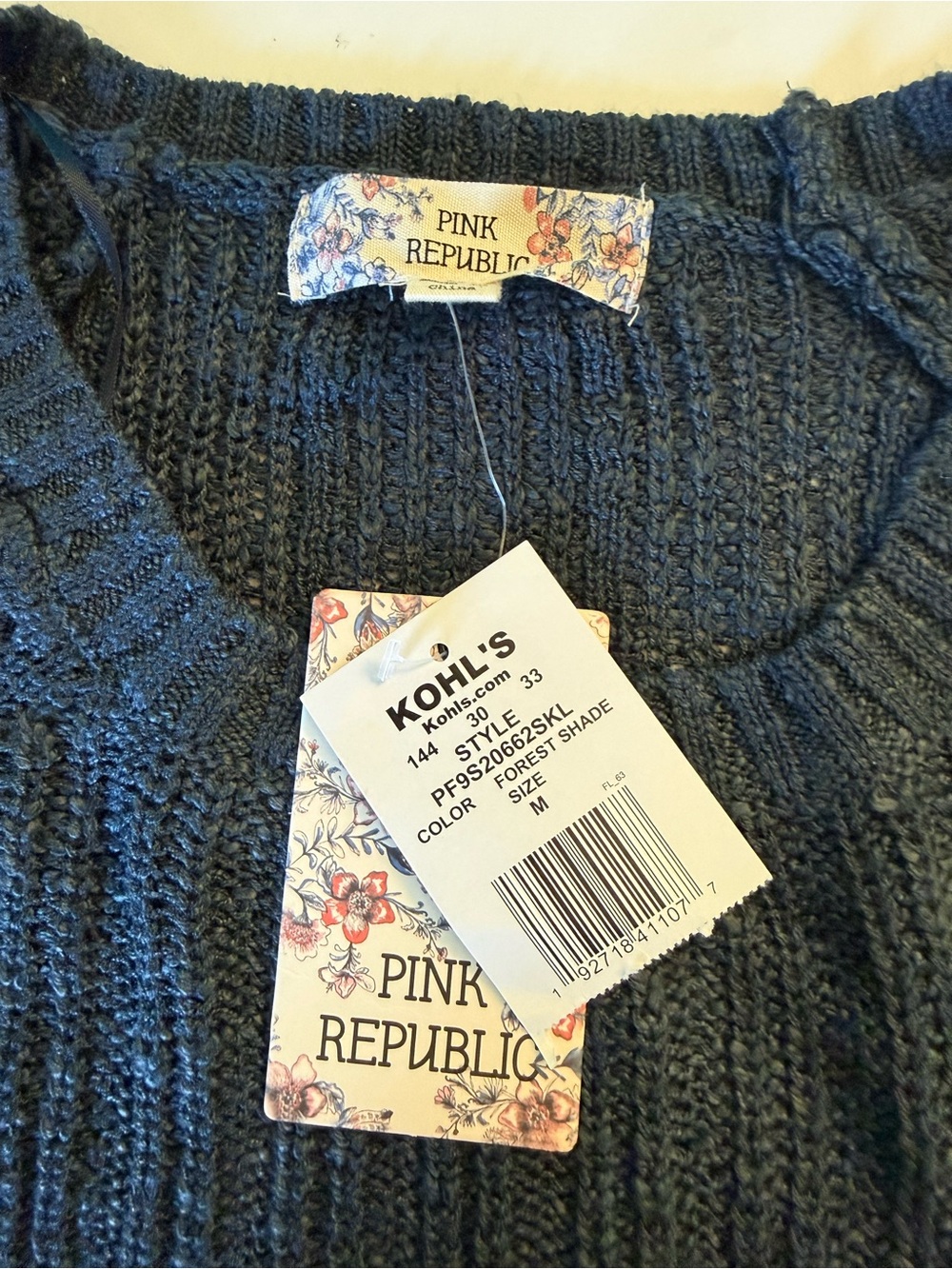 NET Pink Republic Forest Shade Blue Ribbed Cable Knit Sweater Size Medium - Picture 5 of 9